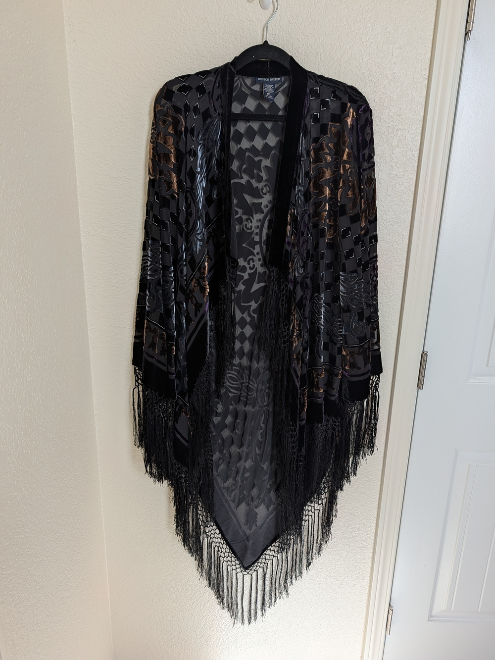 Black Burnout Velvet Fringe Boho Whimsigoth Sheer Shawl Stevie Nicks Fairy Top